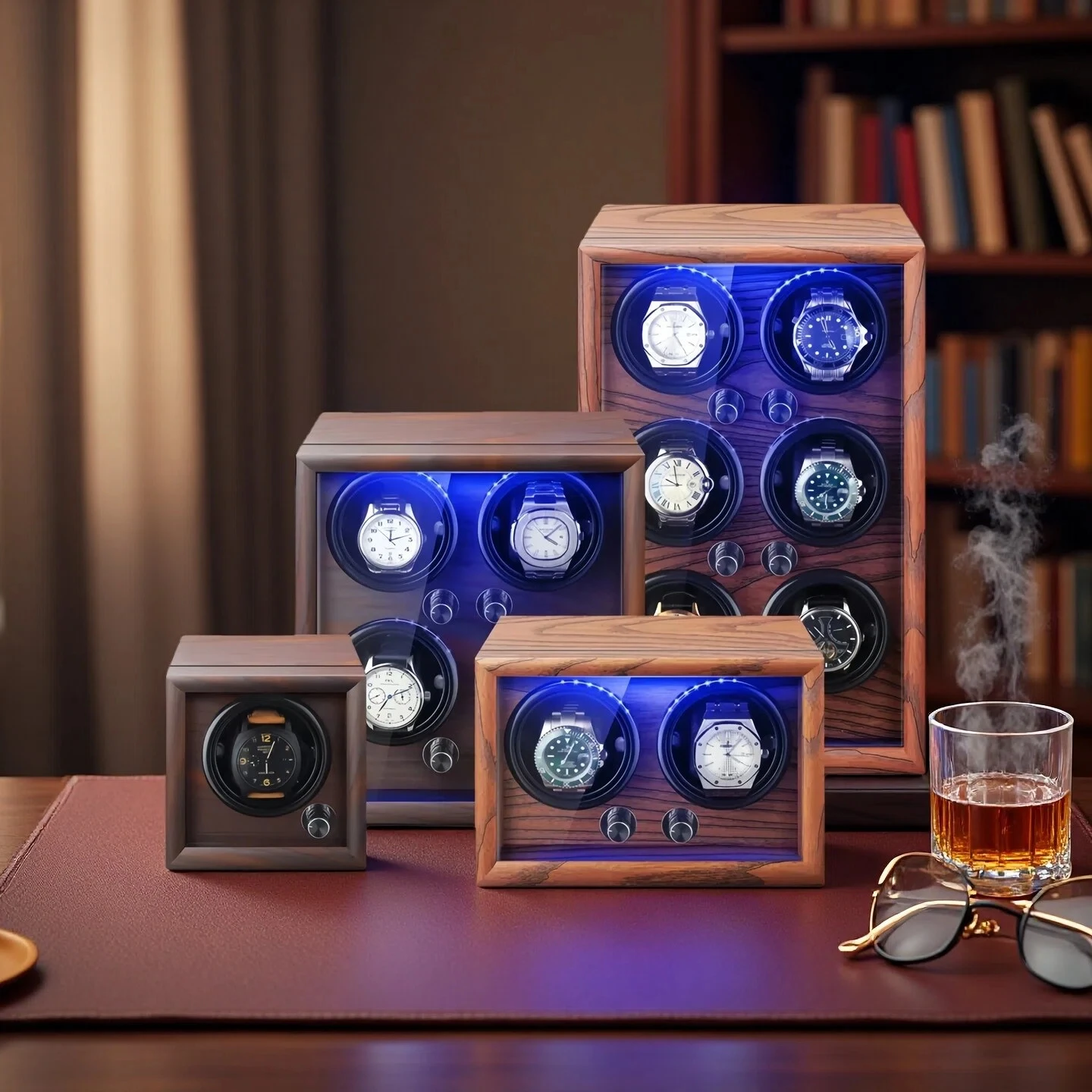 Brand Mechanical Automatic Watch Winder Luxury Wood Watch Box with LED Light and Lid Sensor Watches Storage Safe Box