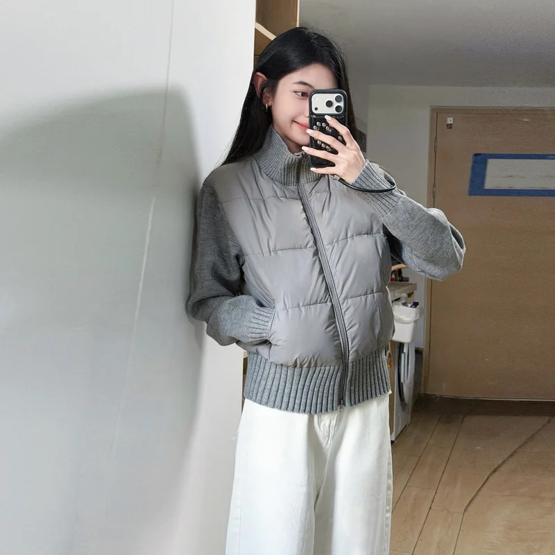 

Korean Knitted Splicing Down Cotton-padded Jacket for Women's 2026 Winter Parkas New Small Short Loose Stand-up Collar Overcoat