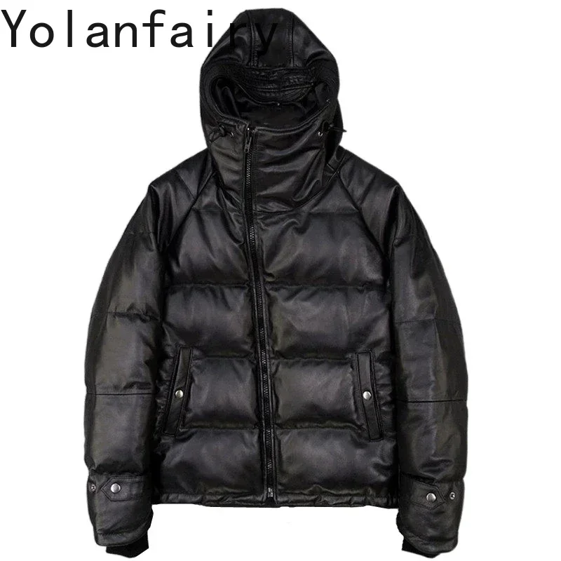 

YOLANFAIRY 2025 куртка из натуральной кожи, мужская куртка из телячьей кожи на белом утином пуху, мужское теплое пальто с капюшоном, мужская мотоциклетная куртка Chaquetas
