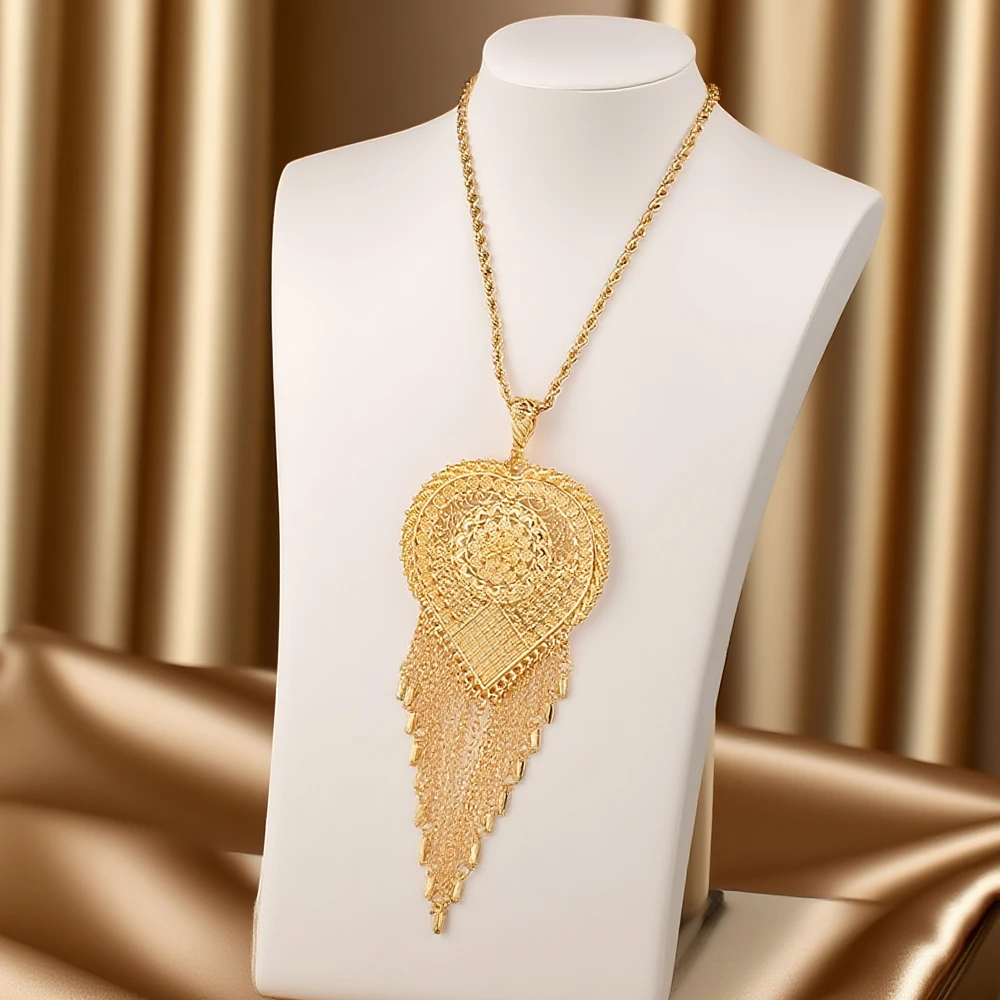 Heart Shape Tassels Gold Color Pendant for Women Kurdish Trendy Jewelry Pendants for Bridal Arabic Luxury Wedding Collections