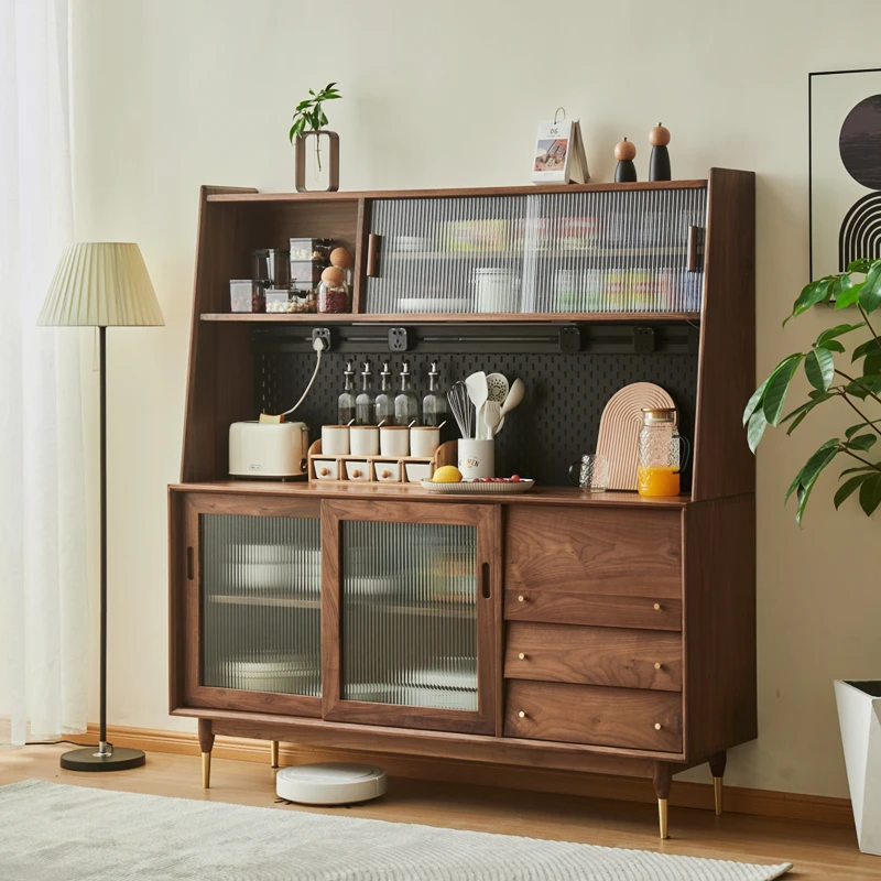 Black walnut side cabinet, hole board, Japanese-style all-solid wood tea cabinet, kitchen and dining room high cabinet integrate