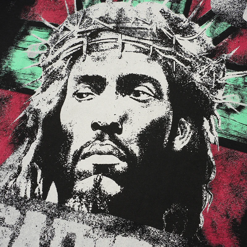 Y2K Vintage Graffiti Faded Worn Saint Tshirts Thorns Crown Digital Print Pattern Hip Hop Streetwear Men Women Short Sleeve Tops