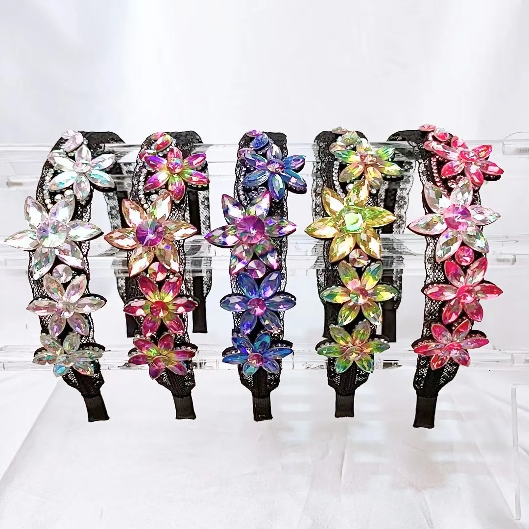 The new crystal flower hair hoop delicate and sweet set auger female god web yarn hair hoop pressure hair clips