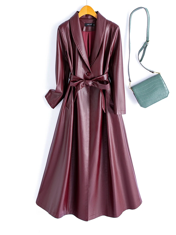 2025年春 レディース 本革シープスキンコート スリムフィット ベルト付き ウィンドブレーカー ジャケット ロングスリーブ ビジネススタイル