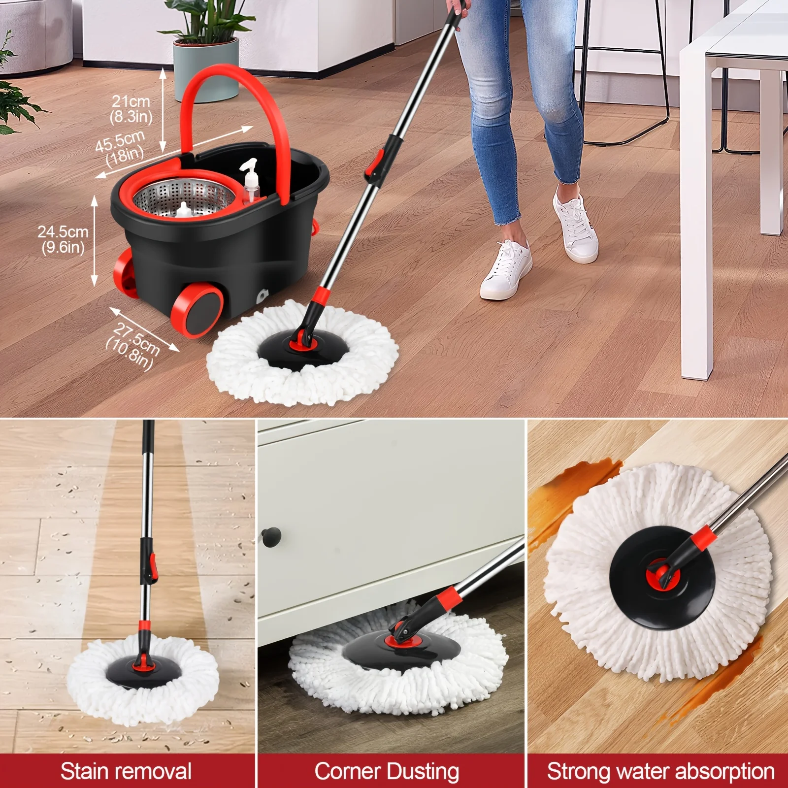 

Spin Mop and Bucket Set with Wringer, 360° Spinning Floor Cleaner, 4 Microfiber Mop Heads, 61" Adjustable Handle Stainless Steel