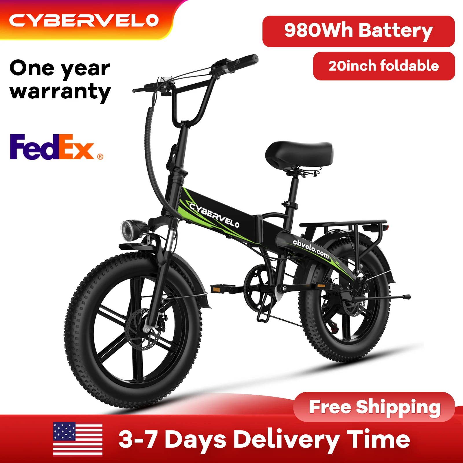 

Cybervelo Foldable E-bike, 1000w Peak 16ah Built-in Battery, 20" fat tire all terrain, 7-Speed Long Range Electric Bike EK5