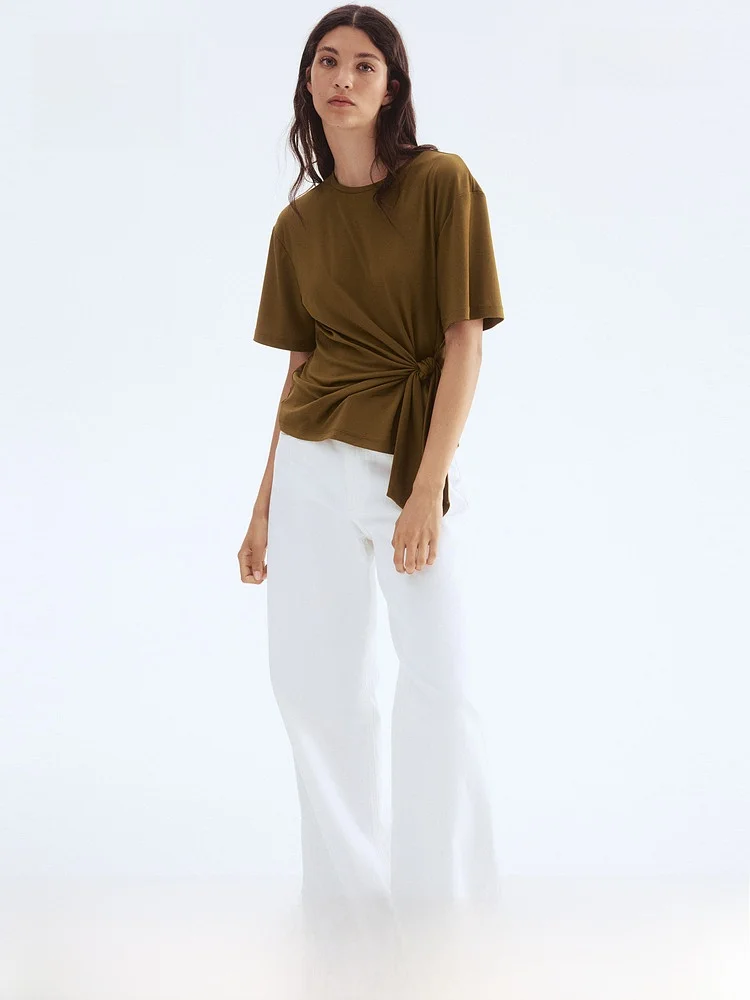 

Женская футболка H&M, повседневная футболка со сборками по подолу, модный простой модный топ свободного покроя, смесь полиэстера, ор Све