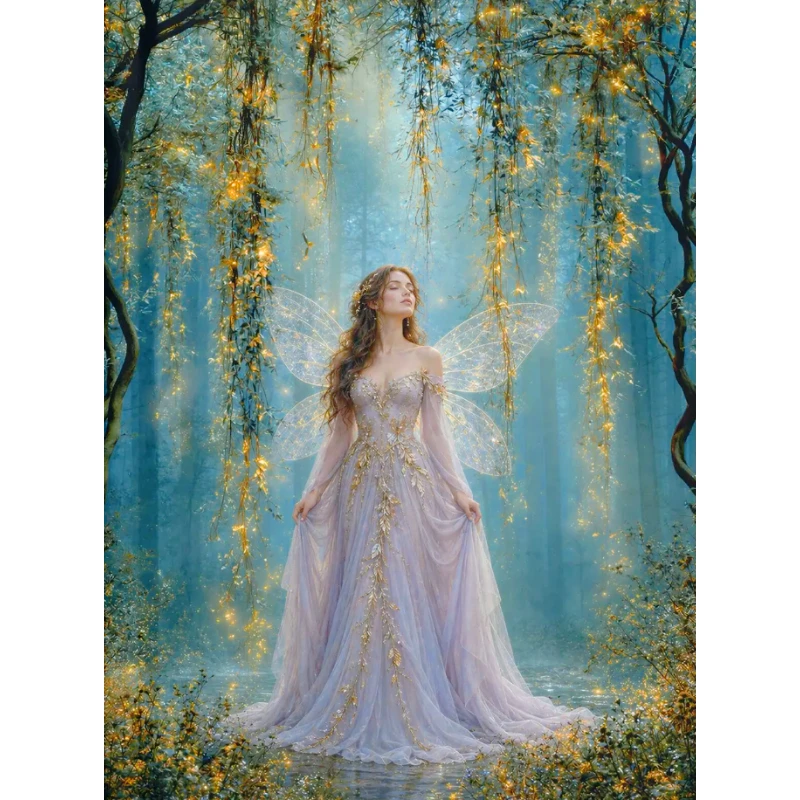 Glowing Forest Fairy Diamond Painting, Sparkling Transparent Wing Elf in Magical Woods, DIY Art for Bedroom Wall Decor & Gift