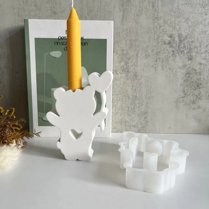 Cute Bear Candlestick Casting Mold Love Standing Bear Candle Ornaments Molds DIY Candle Holder Resin Cement Gypsum Mold