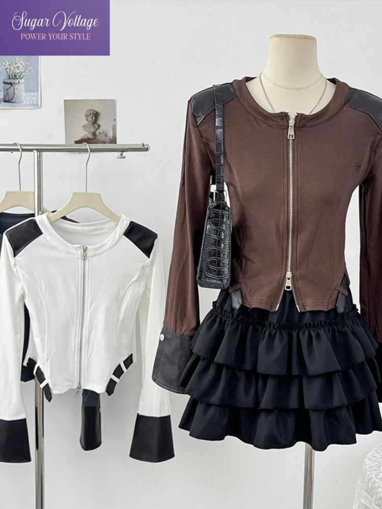 

Американский ретро искусственная кожа в стиле пэчворк на молнии, женский осенний облегающий укороченный жакет с рукавами-колокольчиками, повседневный модный стиль, тренд Y2K