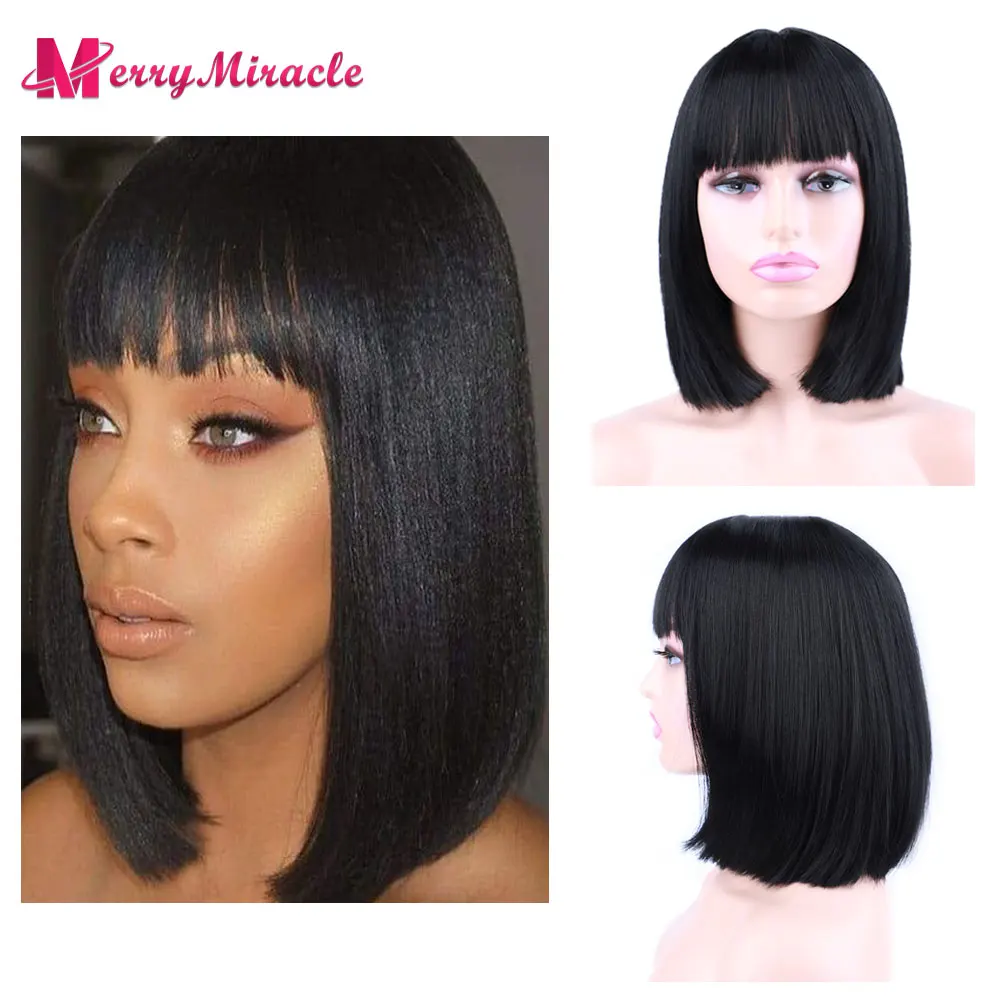 Black Bob Short Synthetic Hair Wig Straight Wig with Bangs Synthetic Bob Wig for Black Women Short Futura Wigs with Fake Scalp