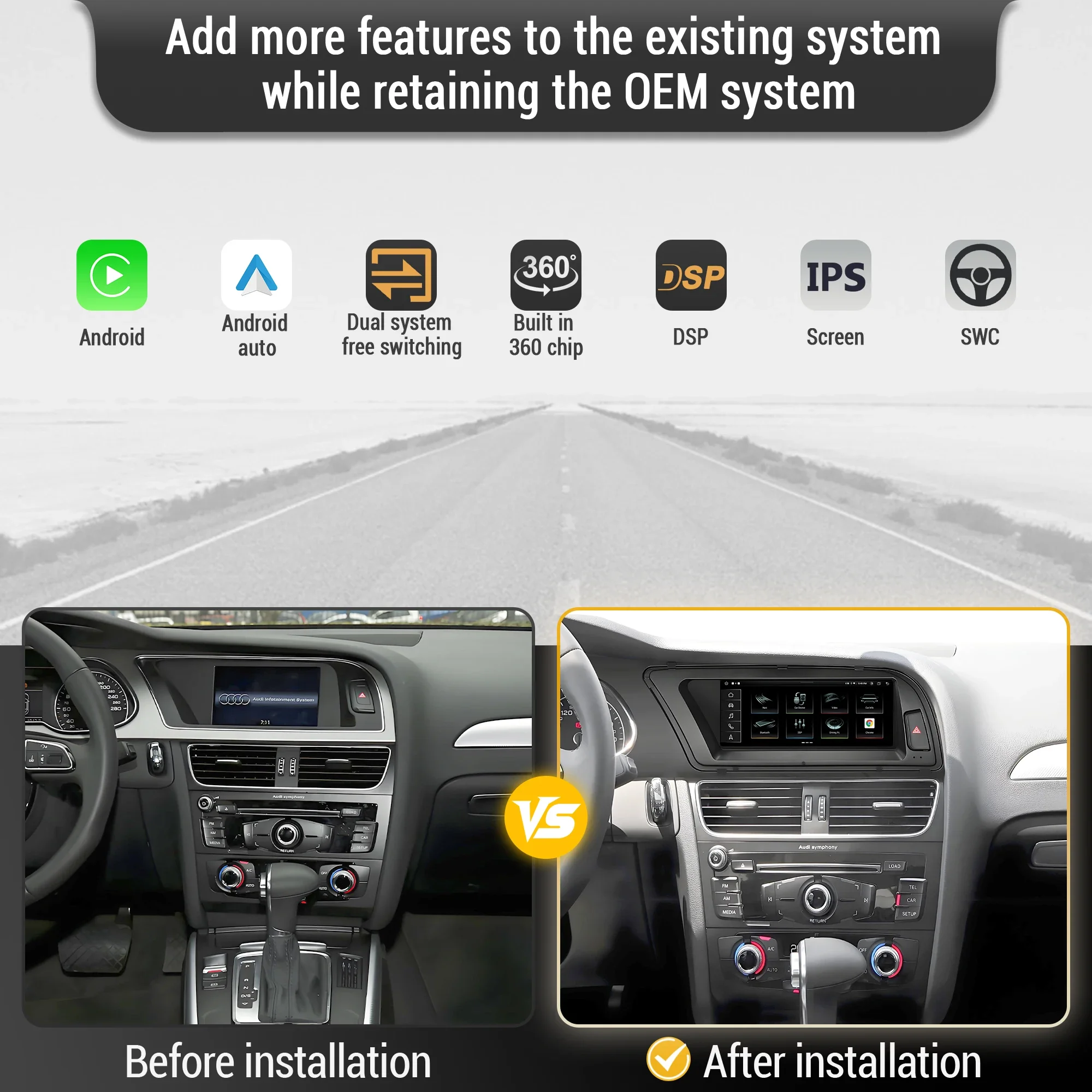 8,8 pulgadas volante a la izquierda Android 13 para Audi A4 B8 A5 2013-2016 Radio de coche inalámbrica Carplay Qualcomm Snapdragon 680 pantalla táctil