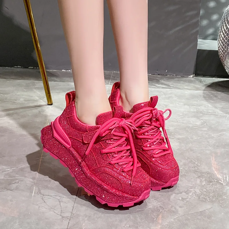

Women's Fashionable New Sneaker Shoes New Lace-up Rhinestone Spring and Autumn Commuter Shoes Thick Sole Heightening Casual Shes