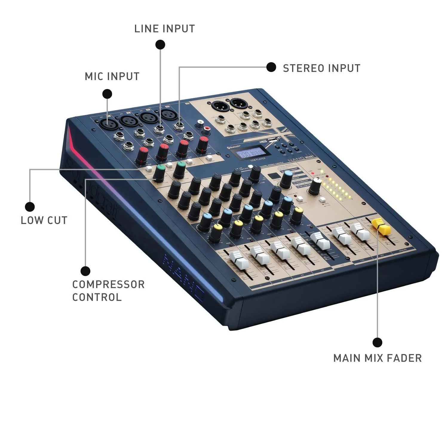 M08BT Compact Analogue 8-channel Mixing Console with Bluetooth Live Mixer for Home/Studio Use/Stage