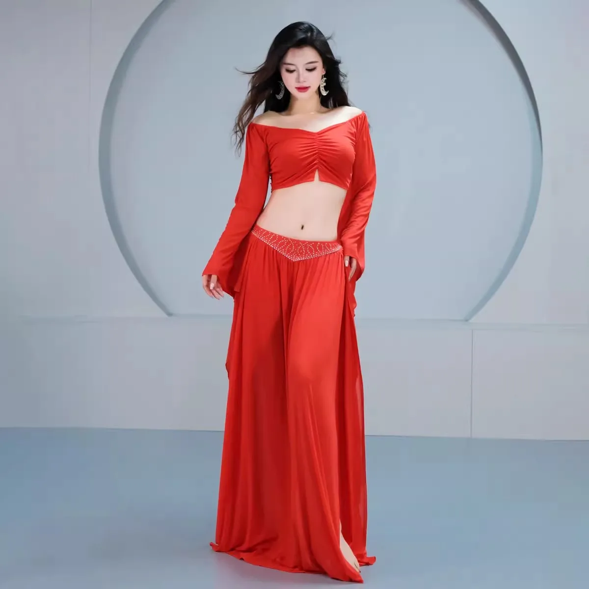 

Elegant Women Belly Dance Oriental Dance Costume 2pce Set Soft Stretched Class Practice Suit Group Dance Long Skirt with Panties