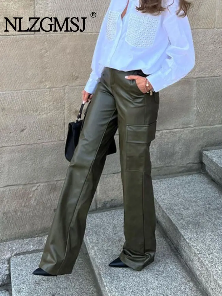 

Nlzgmsj TRAF Faux Leather Cargo Pants Woman Pleated Wide Leg Pants for Women Trousers Womens Autumn Casual Women Pants