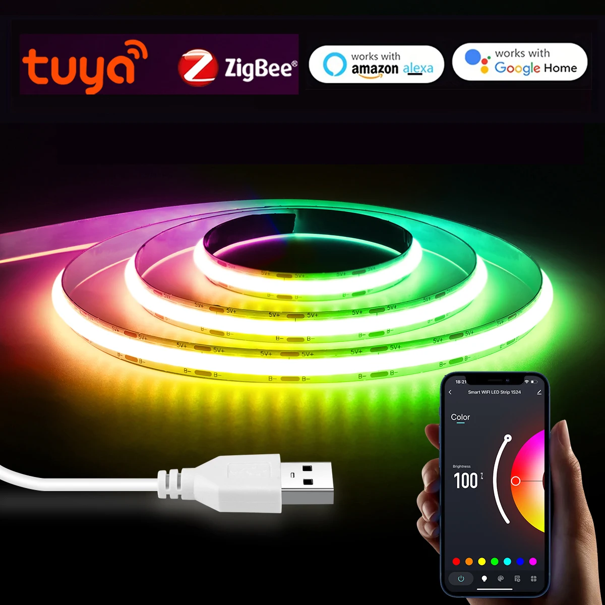 RGB LED Smart Life Zigbee Controller COB LED Strip USB Lights 5V Tuya Wifi Switch 3500K 5000K 6000K Smart Lamp 1/2/3/5M LED Tape