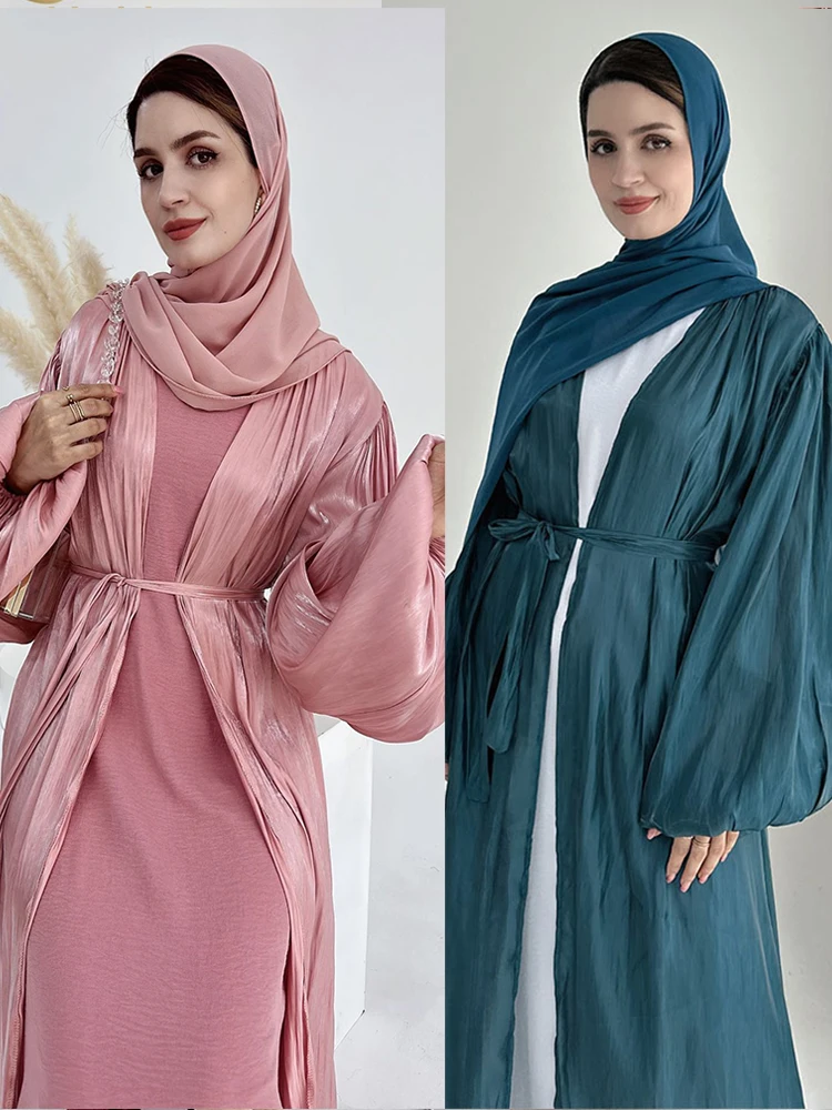 Eid Muslim Party Dress for Women Abaya with Scarf Hijab Silky Cardigan Jalabiya Long Dresses Morocco Kaftan Ramadan Gown Robe