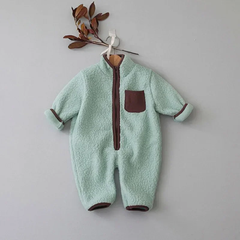 

2023 Korean Winter Infant Boys Romper Berber Fleece Long Sleeve Turtleneck Zipper Warm Baby Boys Bodysuit Newborn Boys Jumpsuit