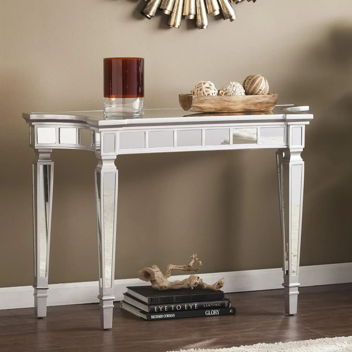 Glenview Mirrored Matte Silver Trim Console Table, 16 in x 45 in x 30 in