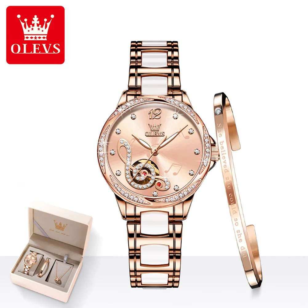 OLEVS 6656 Diamond Scale Mechanical Watch For Women Original Hollow Luminous Elegant Woman Watches Waterproof Luxury Hand Clock