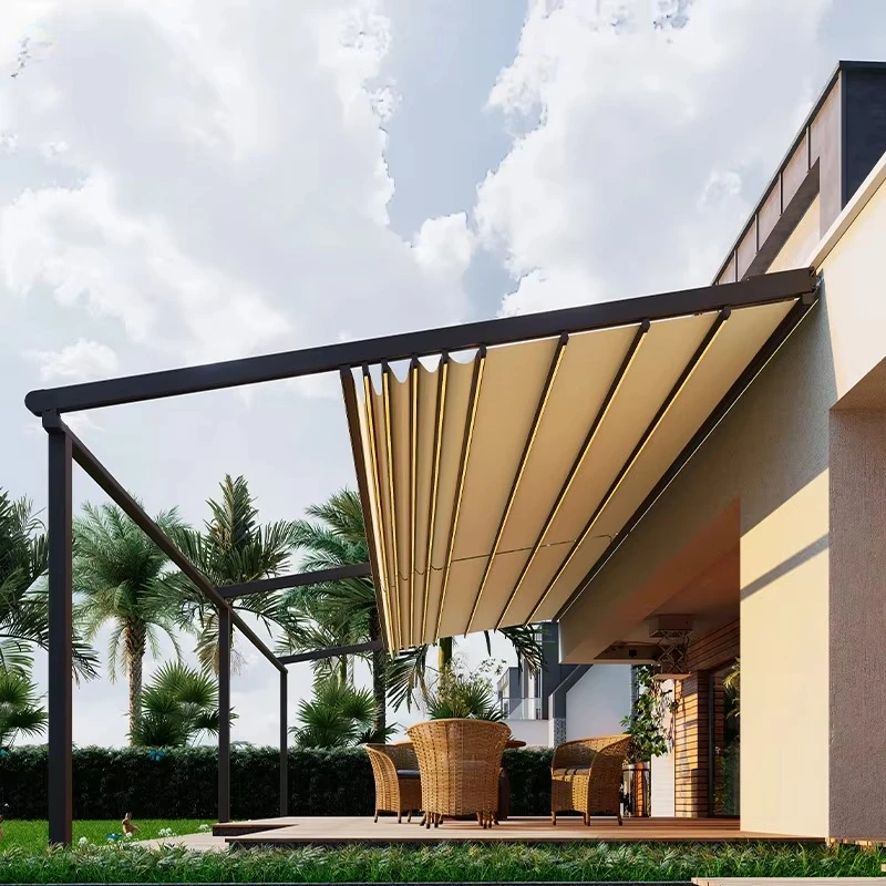 Folding Roof Pergola Aluminum Outdoor Waterproof Powder Coated Nature Motorized Remote Control Eco-Friendly