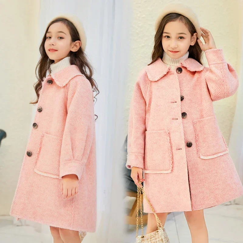 2024 Spring Autumn Long  Jacket Girls Kids Clothes Korean Woolen Coat Whole Outerwear Child Fashion Overcoat 3 To 6 8 14 Years