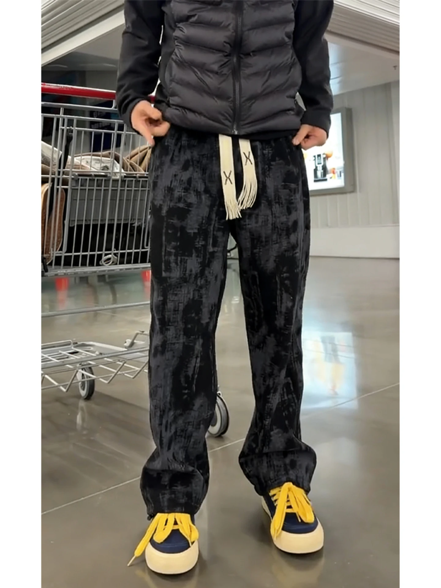 

American Sle Men's Bla Dyed Sweatpants Autumn Winter Fce Lined Raised Waist Loose Vintage Straight Casual Sports Pants