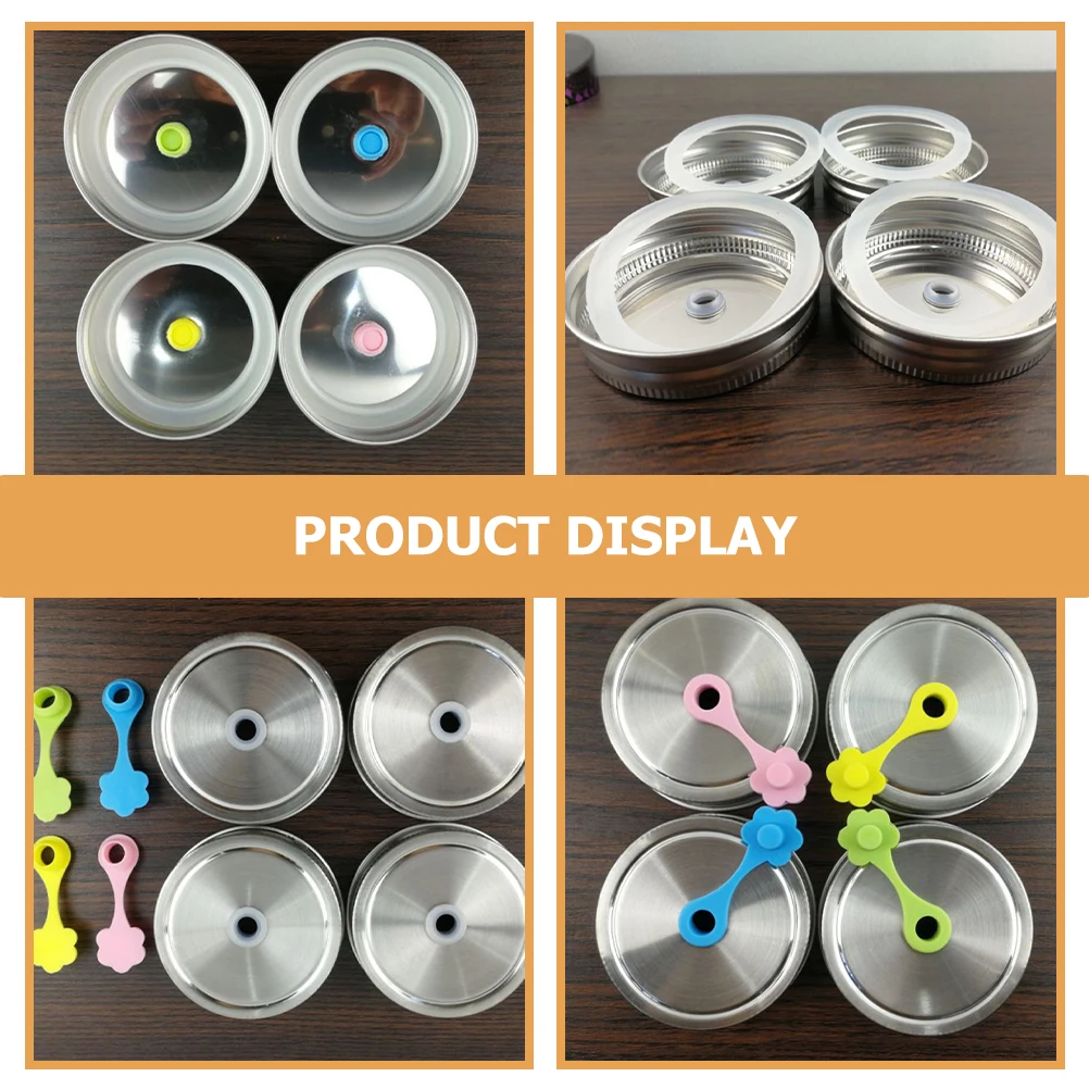 

4pcs Stainless Steel With Straw Hole Leak Proof Reusable Bottle Covers For Coffee Tea Juice Wide Mouth Canning Lids Kitchen Jar
