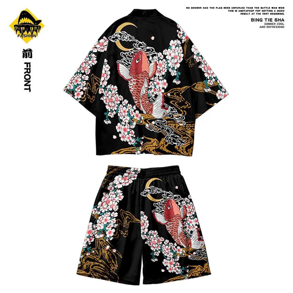 

Two-Piece Suit Yukata Plus Size 6XL Harajuku Carp Flower Print Cardigan Haori Cosplay Kimono Shorts Sets Japanese Clothes Women