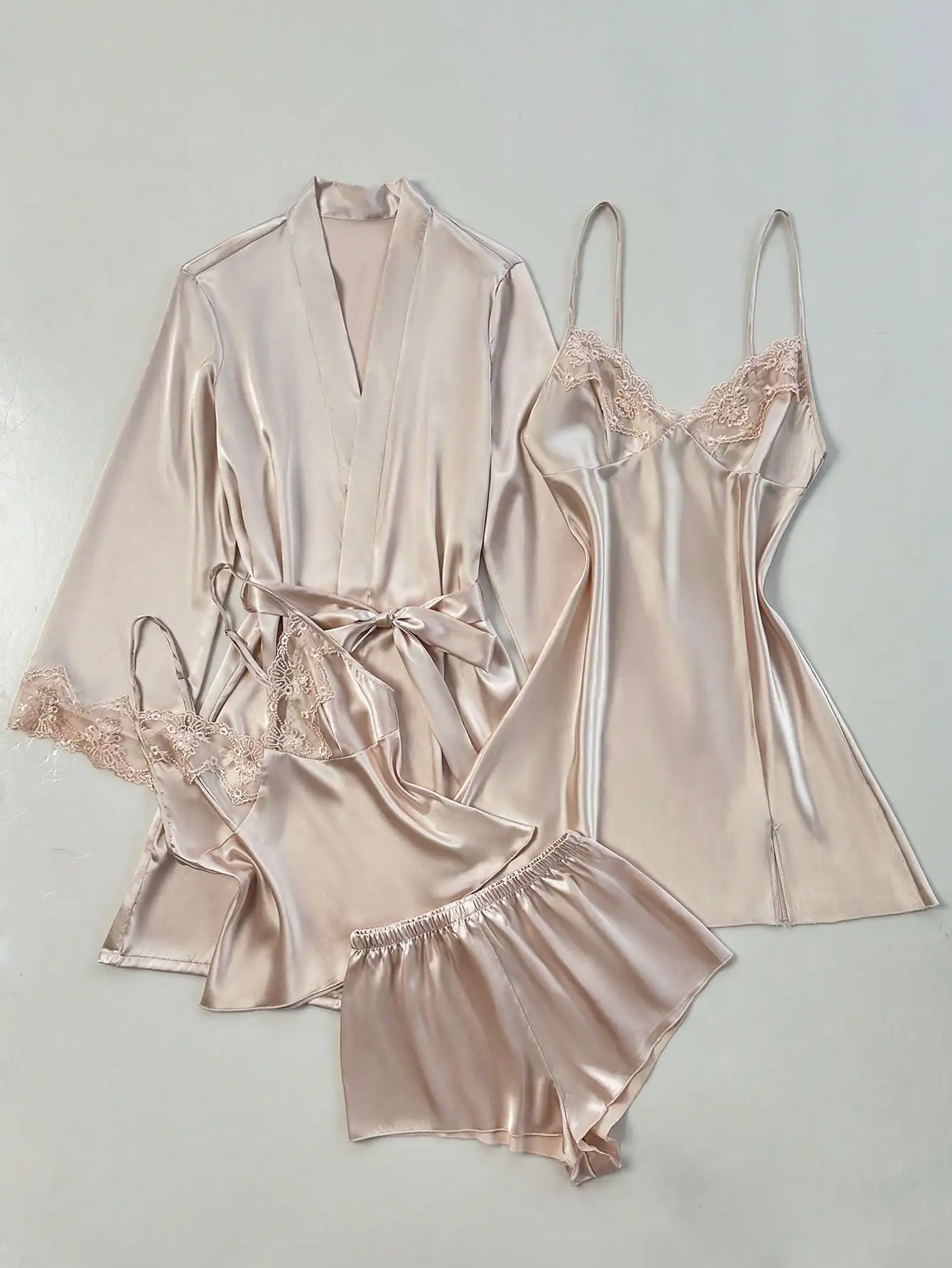 Olive Green 4-Piece Women’s Silky Satin Pajama Set: Embroidered V-Neck Slip Dress, Camisole Top, Shorts, and Lace-Trimmed Bath R