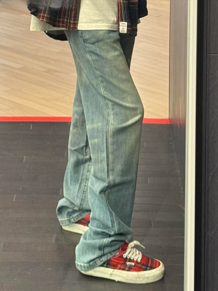 

Свободные прямые синие джинсы в американском стиле для мужчин, весенне-осенние, в стиле High Street Vibe, брюки маленького размера, износостойкие джинсы