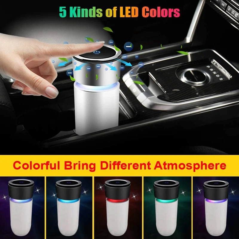 Personal Air Purifiers For Car With 5 Color LED Light, HEPA Filter For Allergies And Pets Hair Smoke,White