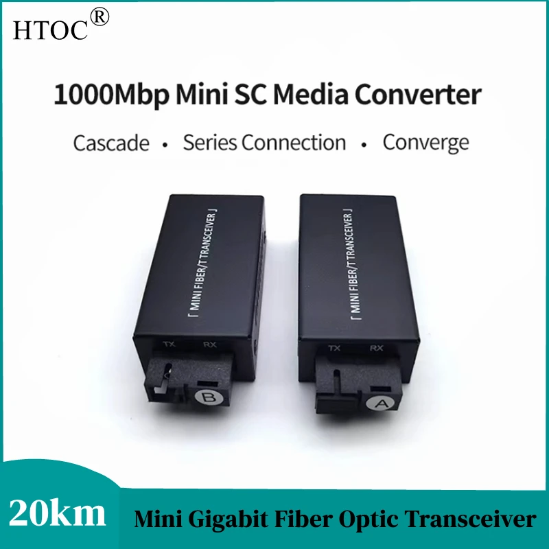 HTOC 1 Pair Gigabit 100/1000M A/B SC Ethernet Fiber Switch Media Converter Rj45 Optic Transceiver 20KM Fibra Switch