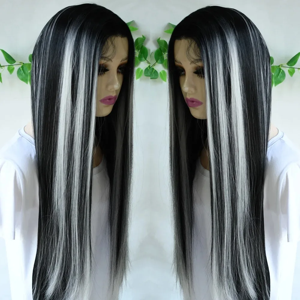 블랙 하이라이트 그레이 가발 본 스트레이트 레이스 프론트 가발 13x4 HD 레이스 프론탈 가발 합성 고품질 내열성 데일리 착용