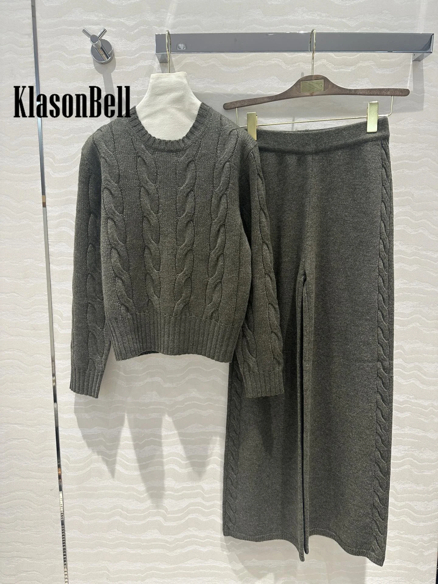 8.18 KlasonBell Women Cashmere Knit Keep Warm 2 Piece Set O-Neck Twist Flower Pullover Sweater + High Waist Straight Pants