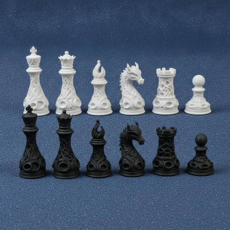 Hot Sale 32Pcs Black White Dragon Pattern 3D Printed Gothic Revival Chess Set Sci fi Woven Art Tabletop Decoration Ornament