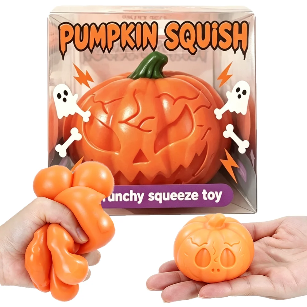 Zufällig 1 Stück Halloween-Kürbis-Geist-Quetschspielzeug, Halloween-Party-Zubehör, Stressabbau-Fidget-Spielzeug, Geburtstags- und Feiertagsgeschenk