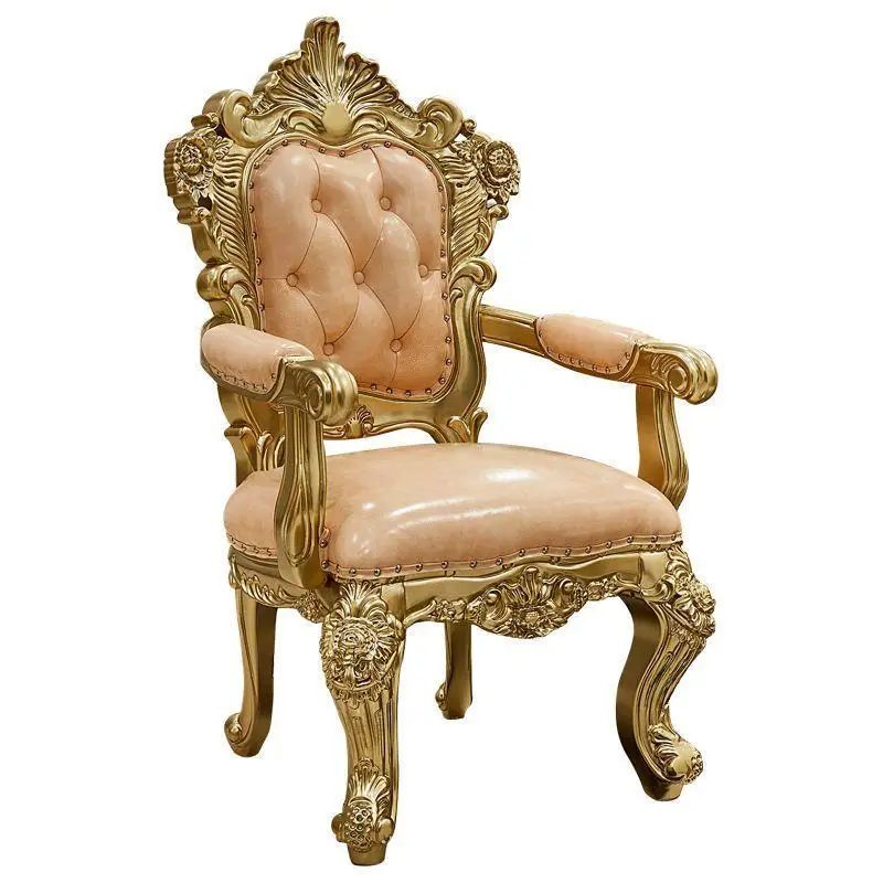 European gold dining chair court high-end luxury solid wood carving flower top layer leather
