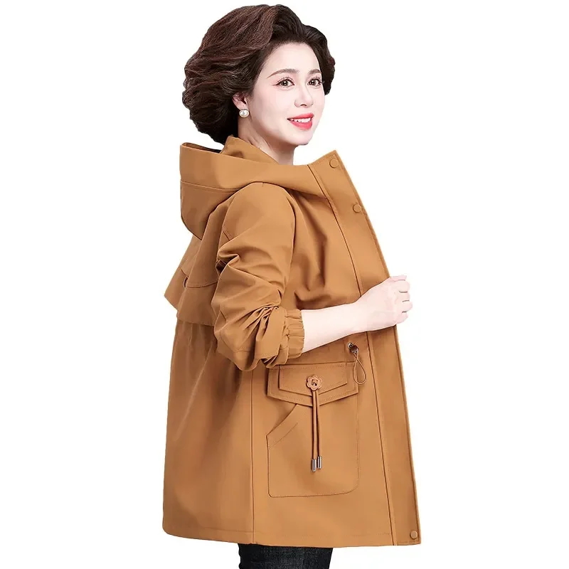 

Middle-Aged Mother Windbreaker Coat Women Spring Autumn2025New Hooded Jacket Long Casual Outerwear Western Style Overwear Ladies