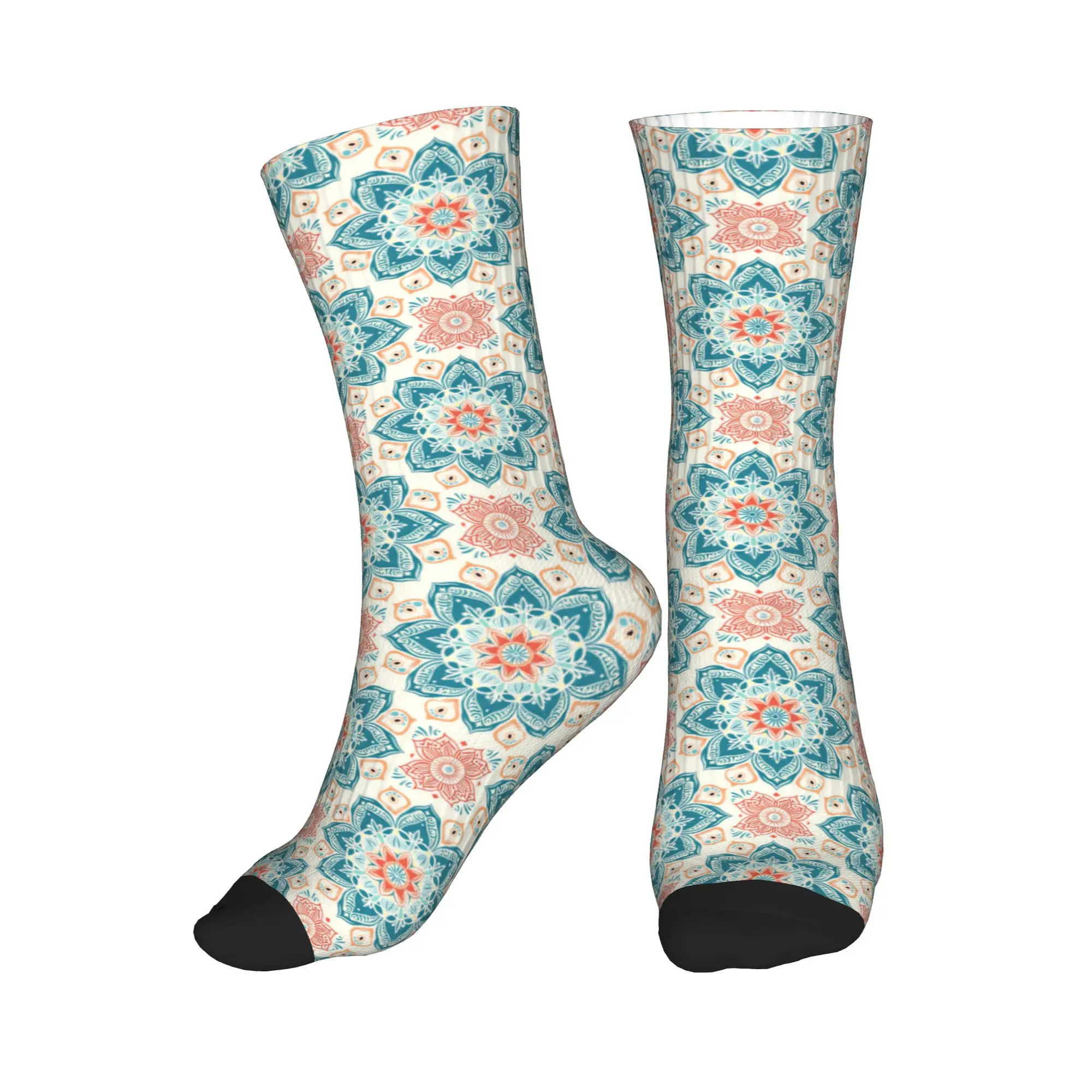 Calcetines de vestir con estampado de mandala étnico, color turquesa y coral, para hombre, unisex, transpirables, cálidos, con estampado 3D