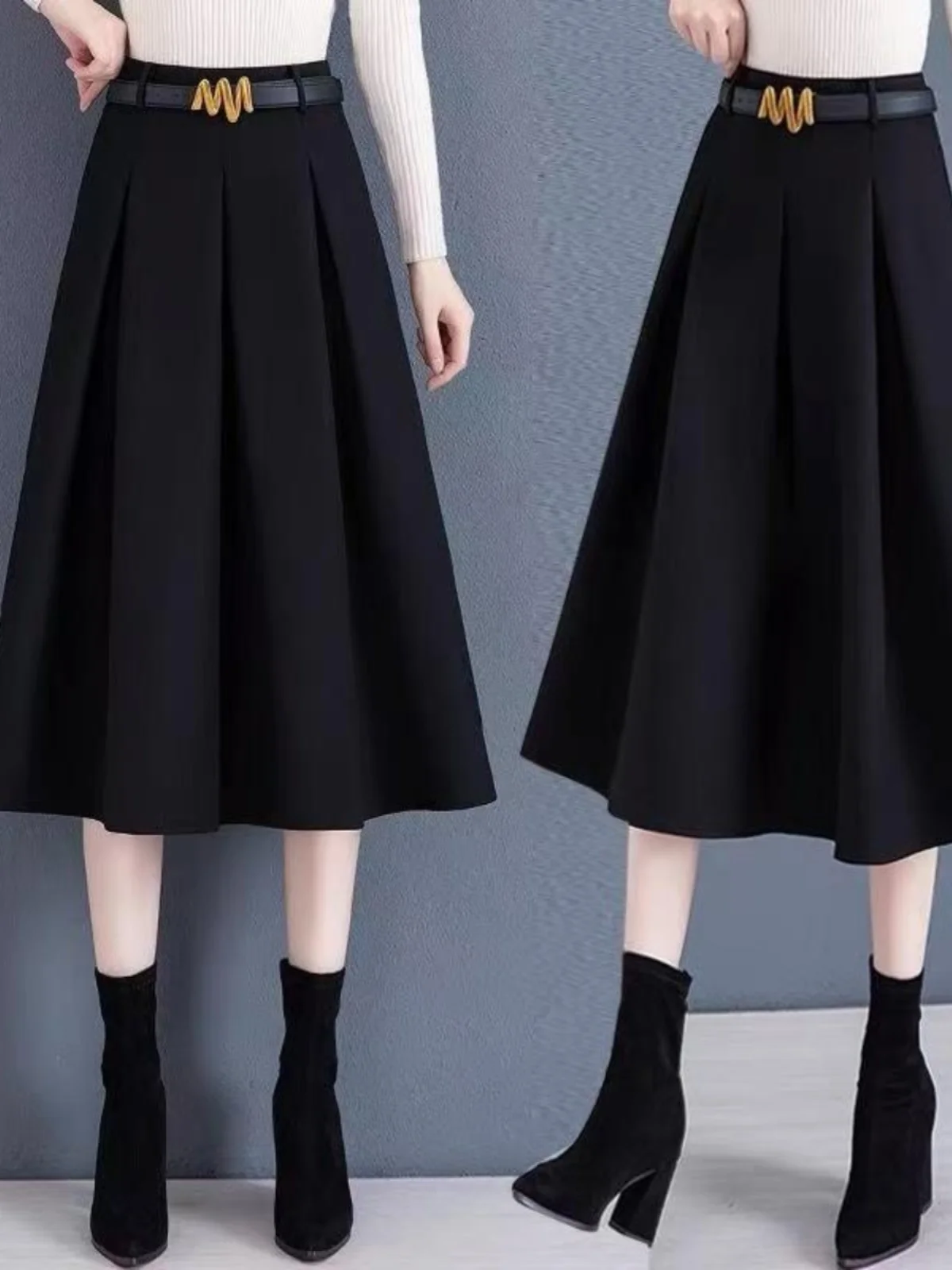 

Bla Thin Pleated Skirt Slimming Large Size Spring A-Line Midi Skirt Korean Sle High Waist Casual Wear Tee-acetate Fiber
