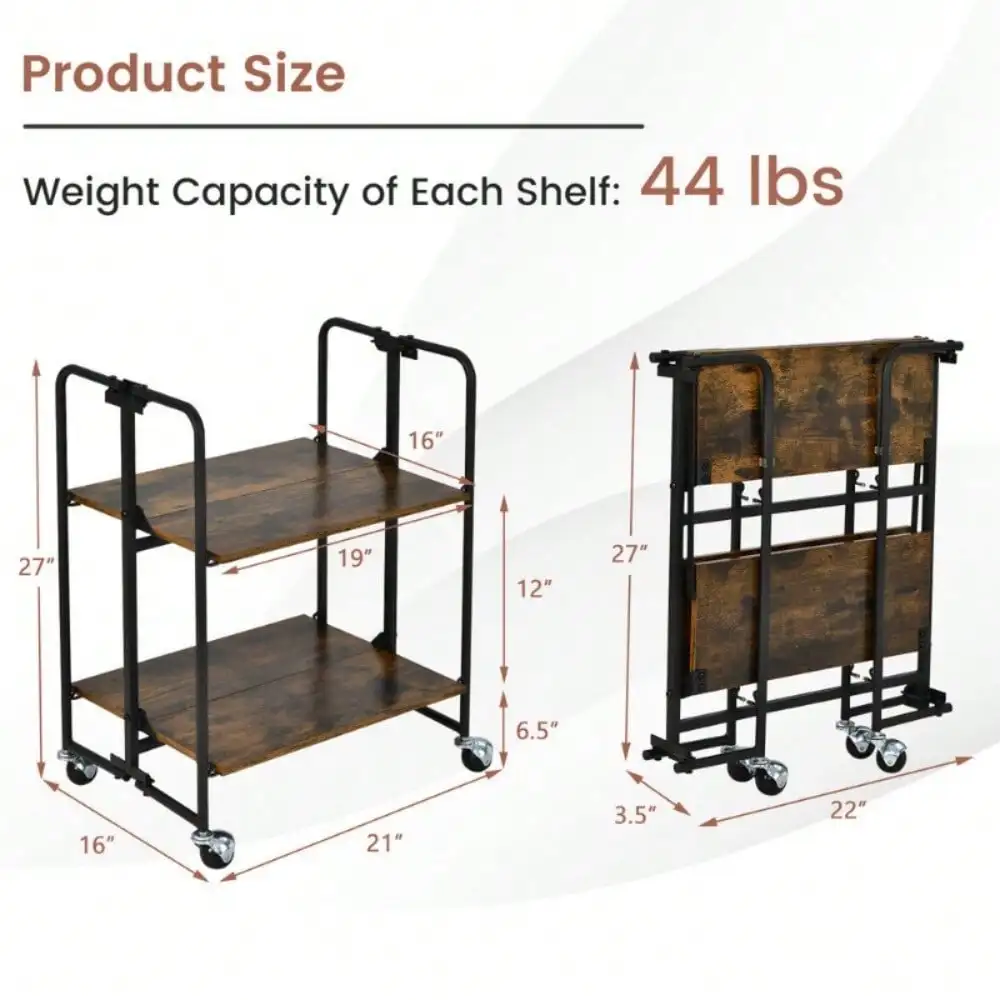 2-Tier Folding Rolling Cart Kitchen Serving Island Utility Storage Organizer