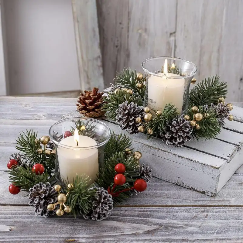 Christmas Candle Holder Candlestick Wreath Artificial Cherry Pinecone Garland Ornaments Home New Year Xmas Wedding Party Decor