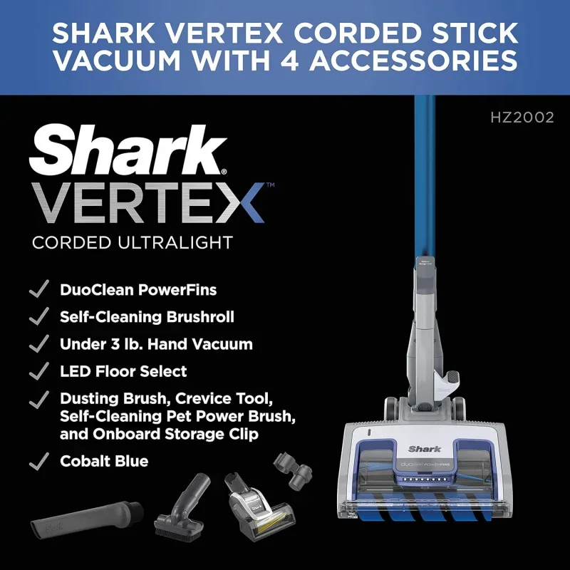 QWShark HZ2002 Vertex Ultralight Corded Stick DuoClean PowerFins & Self-Cleaning Brushroll,Perfect for Pets,Removable Hand V