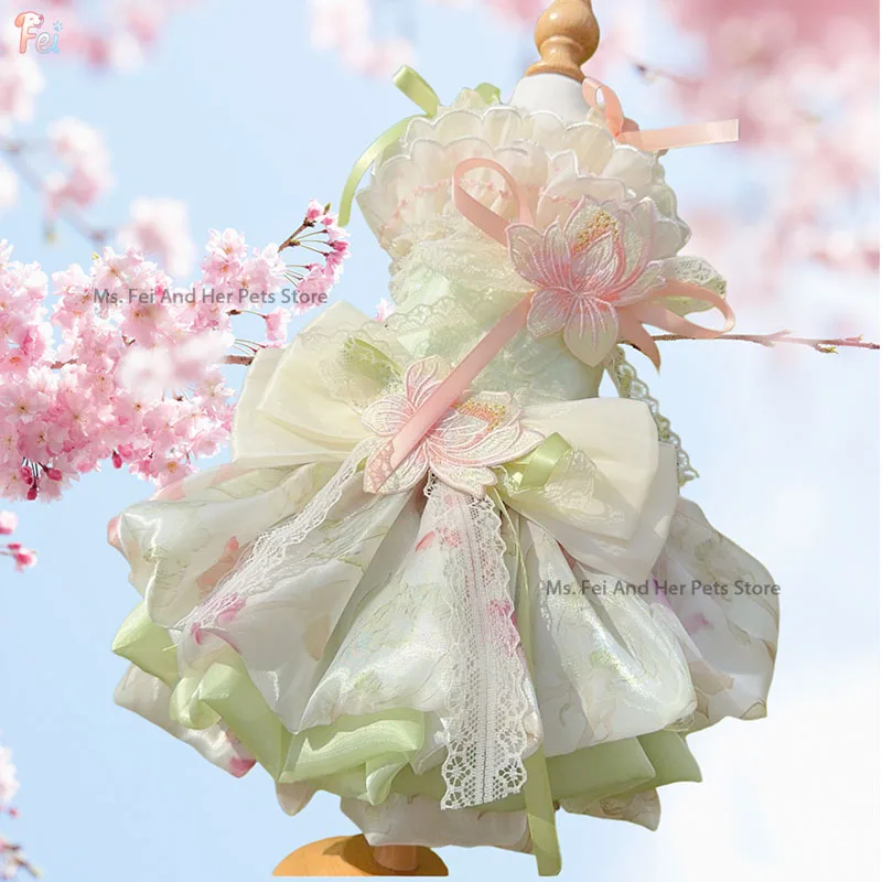 Luxury Pet Dog Clothes Flower Embroidery Fine Handmade Lace Bow Long Tail Princess Dresses For Small Medium Dog Puppy Outfits
