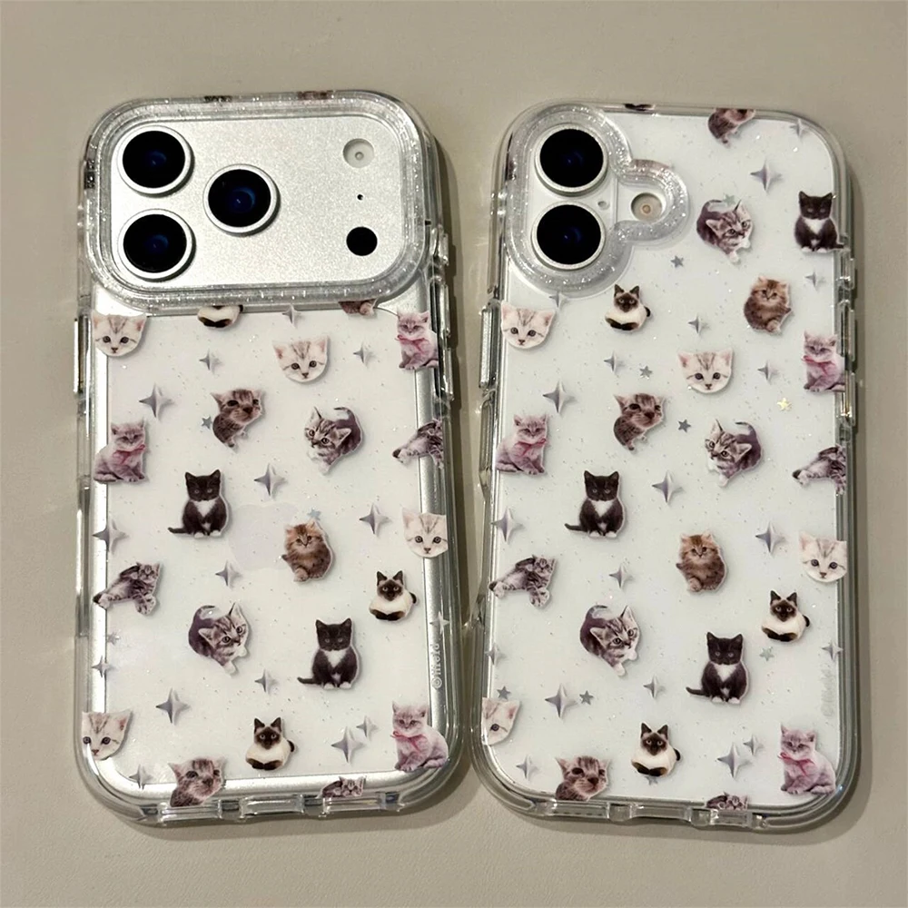 Niedliche Welpen-Cartoon-Kätzchen-Glitzer-Sternen-Transparente Hülle für iPhone 16 17Pro 13 14 15 18 Promax Stoßfeste Schutzhülle – Detail 3