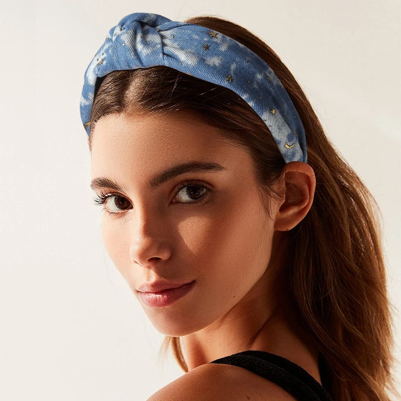 Trendy Tie-Dyed Denim Fabric Headband for Women Wide-Brimmed Knotted Hairband Versatile Hair Accessories with Gold Star and Moon