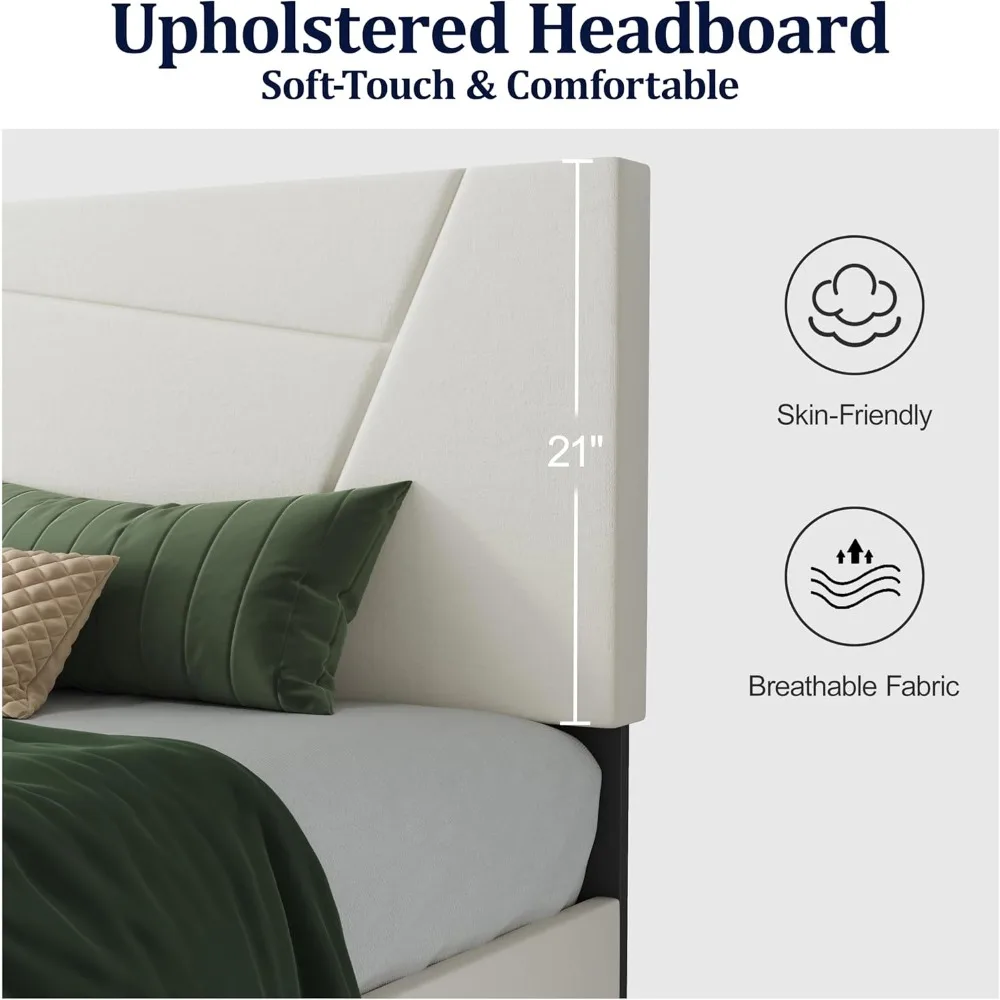 إطار سرير بمنصة رأس مخملية كاملة الحجم بتصميم هندسي، قوي ومجهز بشرائح خشبية لتقليل الضوضاء #4