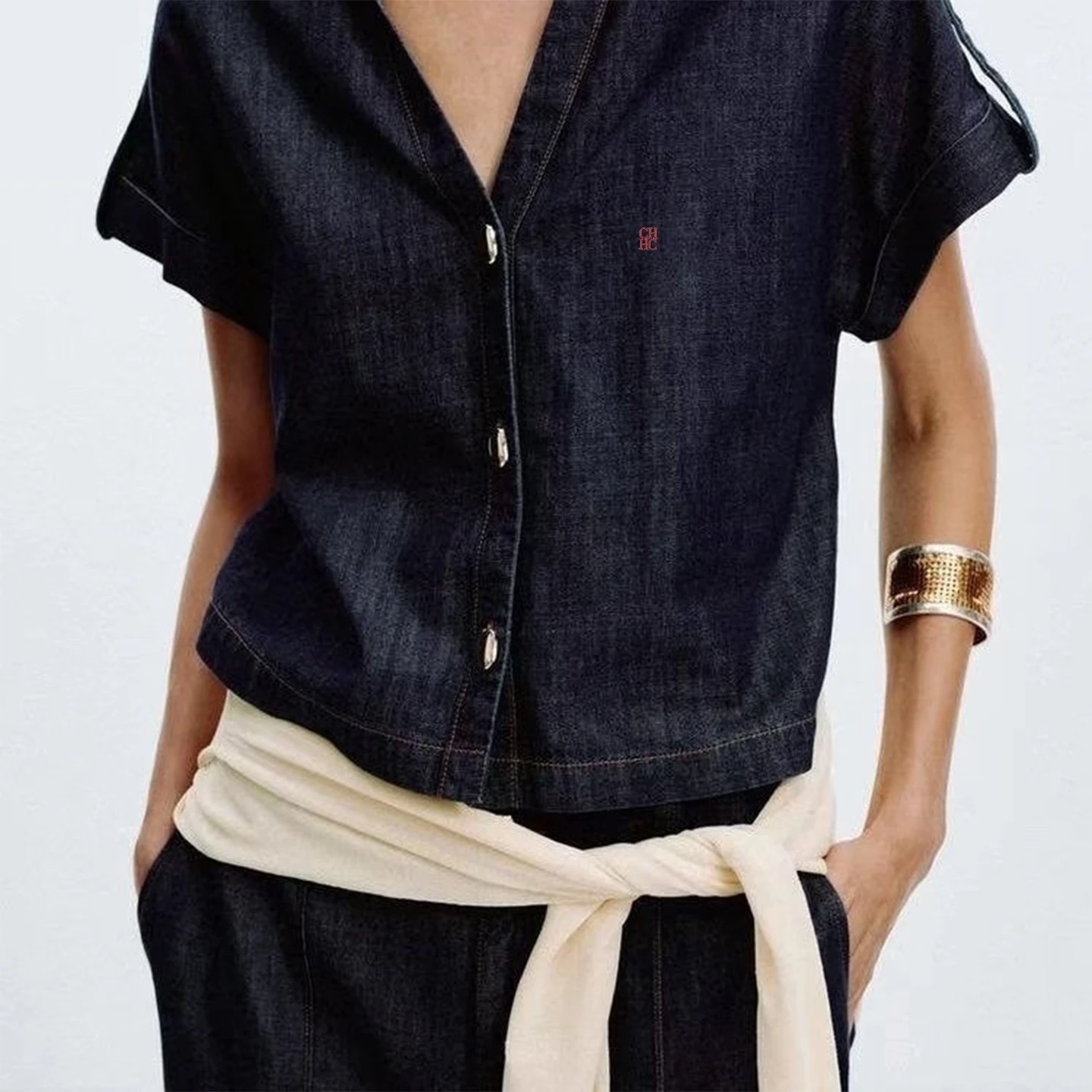 CH Letter Embroidered Solid Color Denim Short Sleeve Pants Set Women Lapel Collar High Waist Wide Leg French Style Casual Outfit